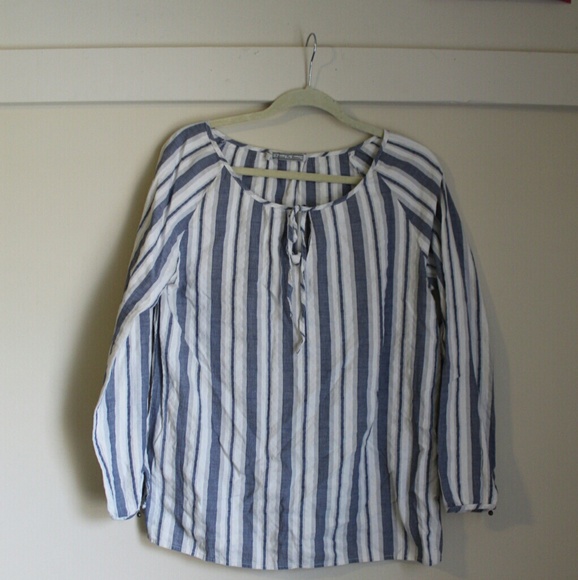 Behind the Seams Tops - Blue and White Striped Long Sleeve Peasant Blouse